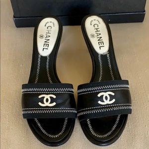 CHANEL CC kitten heel slides!! Purchased At Saks
